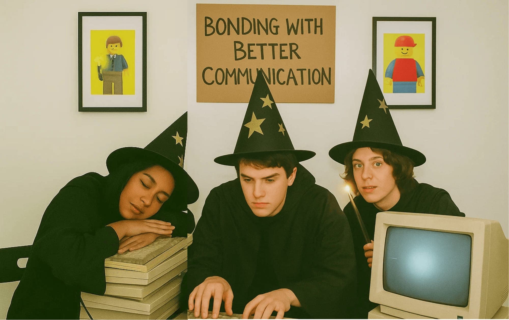 Three people in wizard hats under a sign reading Bonding with better communication