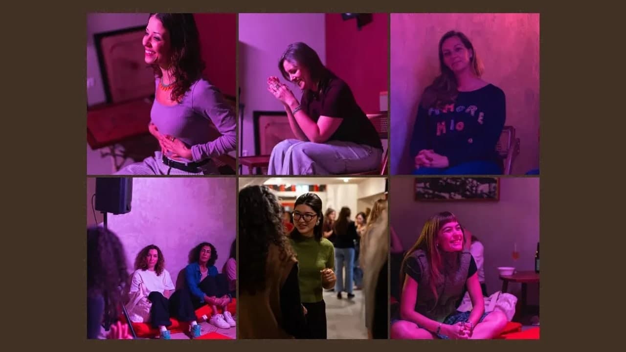 Six photos from Tummy Talks no. 1 in Amsterdam: women listening, laughing and talking under pink light