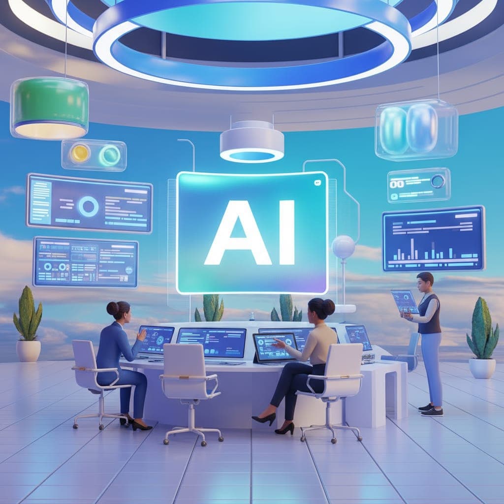 Illustration of a bright, futuristic office where people work together with AI on large screens
