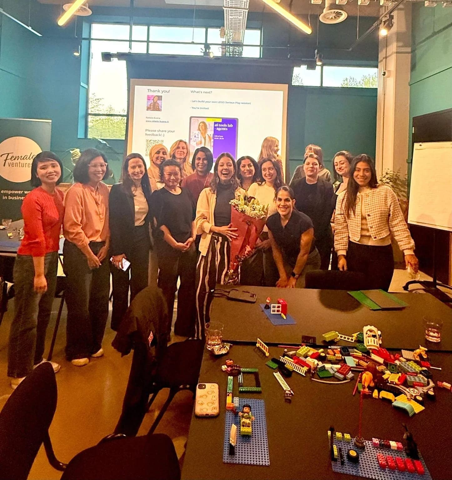 Rafaela Buena with a large group of participants after a LEGO® Serious Play® workshop