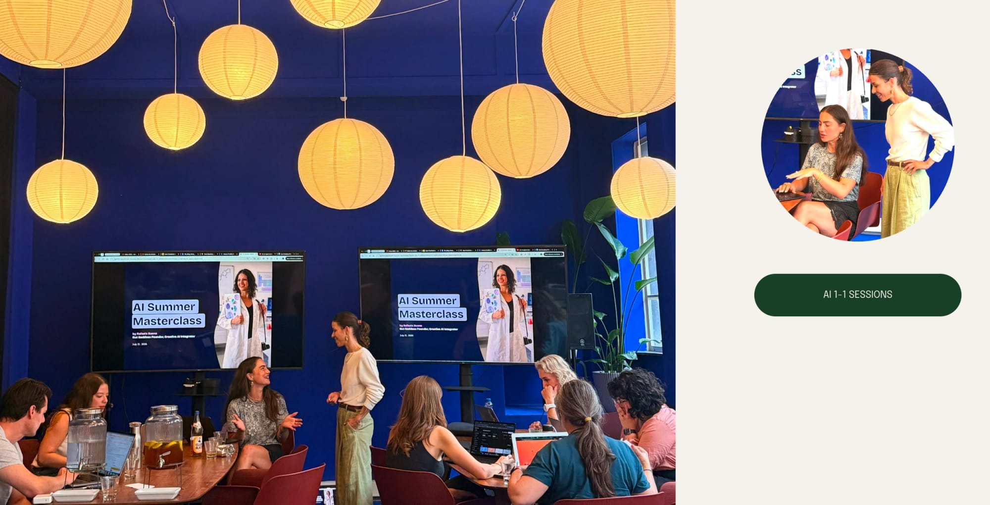Participants at an AI session by Rafaela Buena in a room with paper lanterns