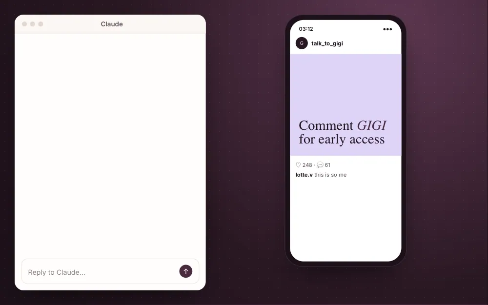 Animation: someone comments GIGI on an Instagram post, gets a reply under the comment and a DM with the Gigi waiting list link, even at 3 a.m.