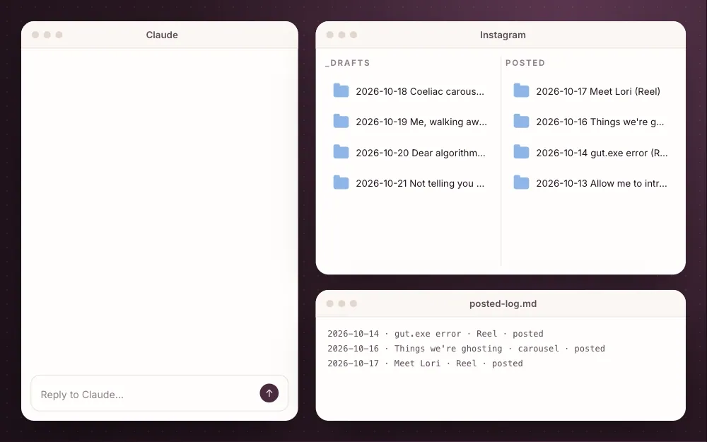 Animation: Claude moves the posted coeliac carousel folder from Drafts to Posted and adds a line to the posted log