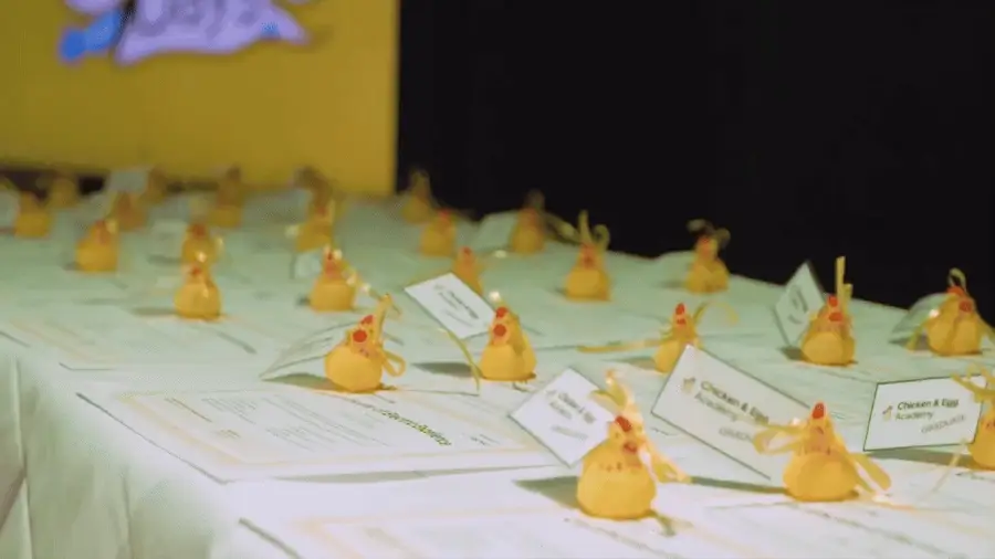 Small yellow LEGO® models on a workshop table